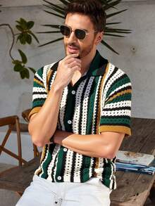 Manfinity CityGents 男士撞色纽扣前开襟休闲度假短袖针织上衣