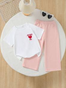 Genkimix Kids Set casual pentru fete, 2 buc., top cu mânecă scurtă și guler rotund, croială lejeră, cu imprimeu cu litere și inimioare "JUST ME", pantaloni roz cu curea, stil drăguț și dulce, potrivit pentru ținute casual de primăvară/toamnă, ținute de sărbători - alb - Vizualizare 4