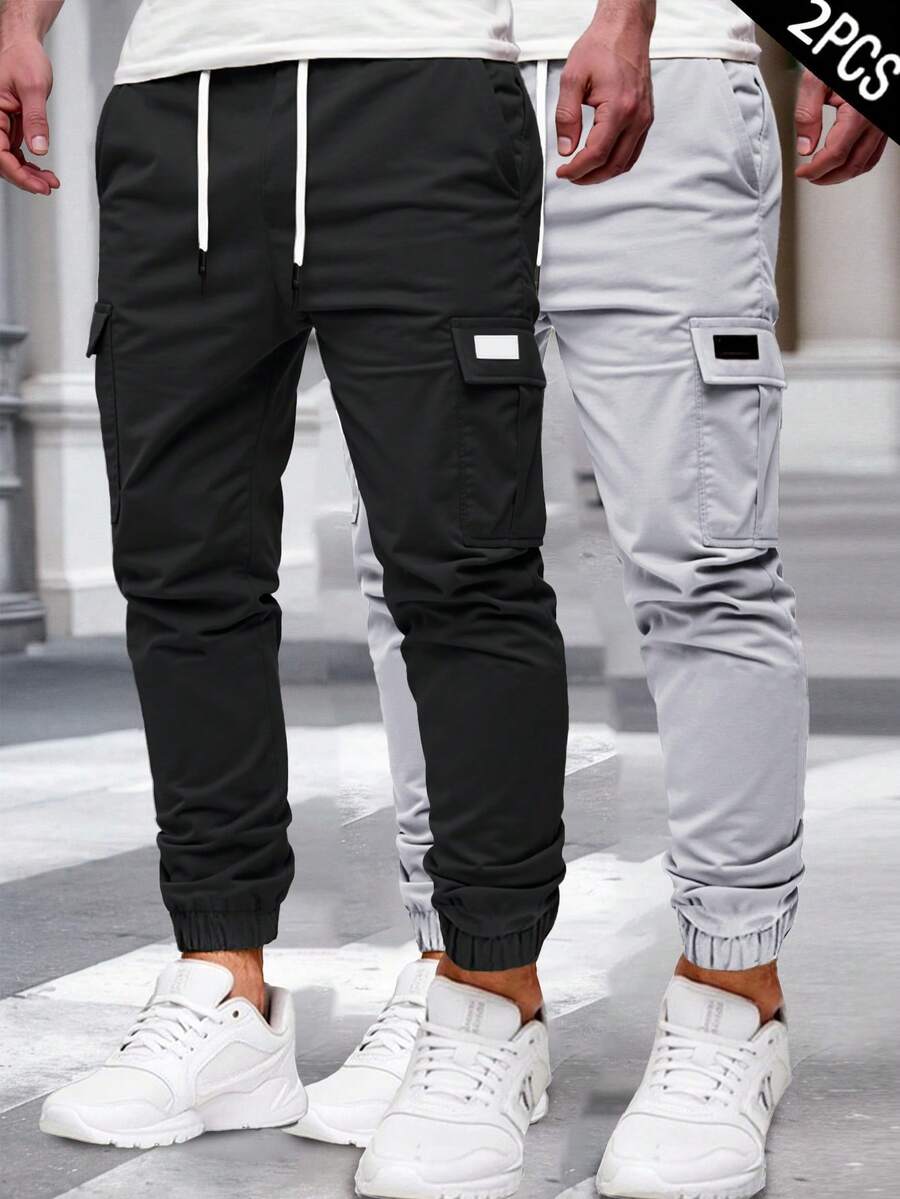 Manfinity Homme 2pcs Men's Casual Drawstring Cargo Pants Men Pants 2 Pcs Elastic Waist Joggers Men Joggers 2 Piece Set Men Cargo Joggers Streetwear Men Pants - Multicolor - View 1