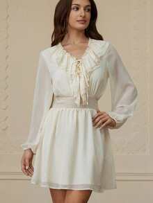 Revavyn Classic Fashionable Retro Chiffon Mini Dress, Elastic Waist With Flared Skirt, V-Neck, Multi-Layer Ruffle Collar With Tie, Long Sleeve Lining, Versatile For Work And Occasions - Beige - View 5