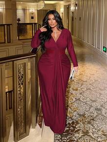 NU&NOW 大码女士复古优雅深V领长袖修身连衣裙 - 紅色 - 查看 6