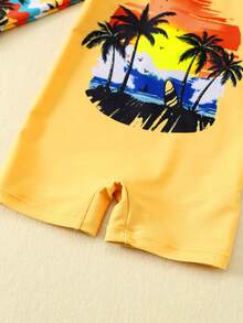 SHEIN 婴儿/男婴撞色可爱橙色棕榈树印花长袖防晒泳衣及短裤套装，适合海滩、度假、冲浪、婴儿泳装 - 橘色 - 查看 8