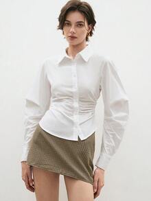 ATUI Studio Women's Fashion Solid Color Oblique Collar Pleated Blouse - White - View 1