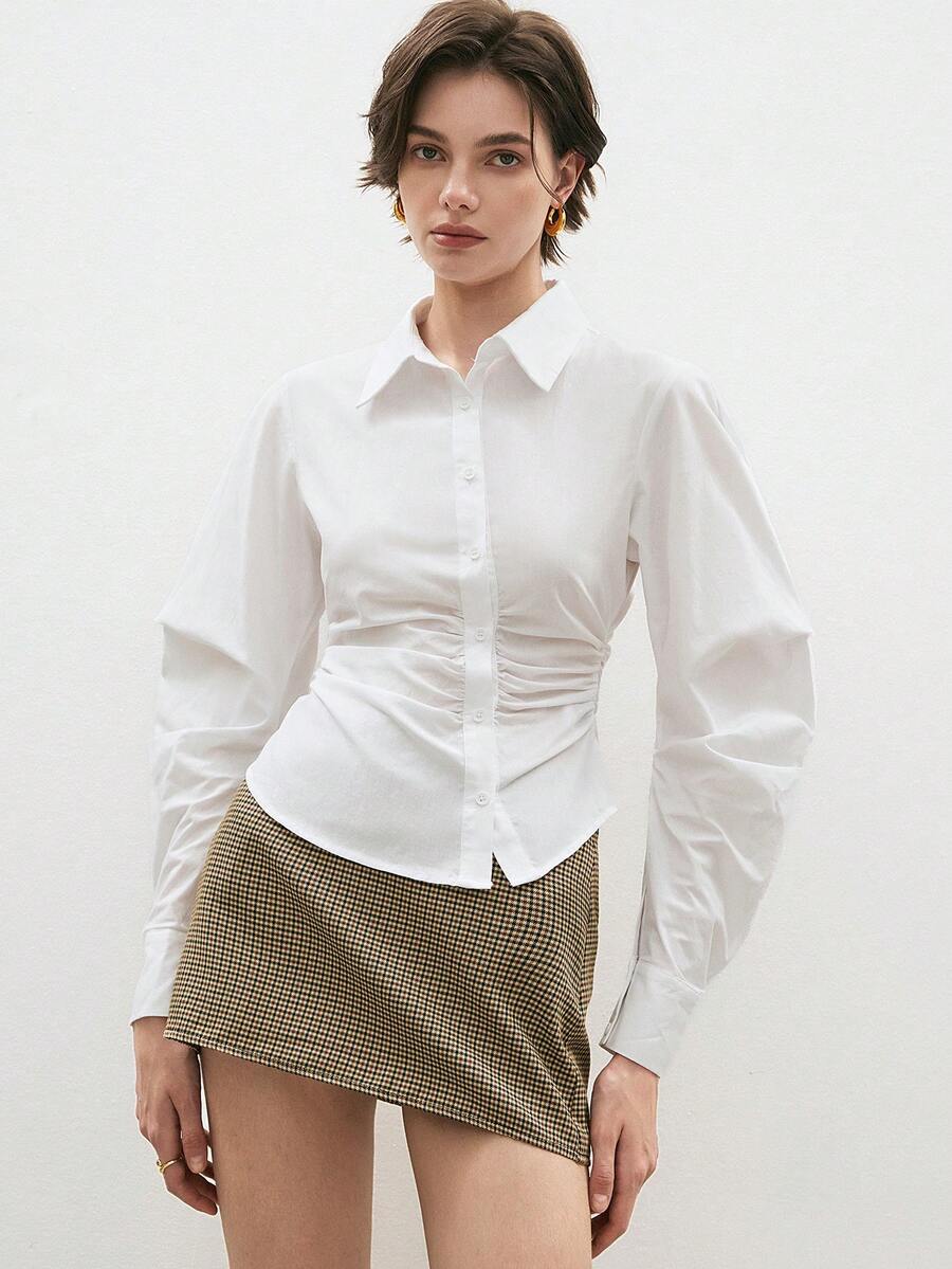 ATUI Studio Women's Fashion Solid Color Oblique Collar Pleated Blouse - White - View 1