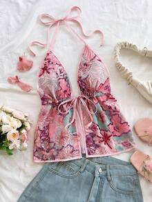 Soleia Casual Neck Tie Leopard Print Backless Camisole - Pink - View 6