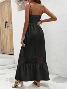 Breezaya 女士纽扣装饰蕾丝拼接吊带连衣裙长款度假沙滩装 - 黑色 - 查看 2