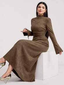Veilorie 女士优雅简约纯色立领喇叭袖收腰连衣裙，秋季款 - 咖啡棕 - 查看 8