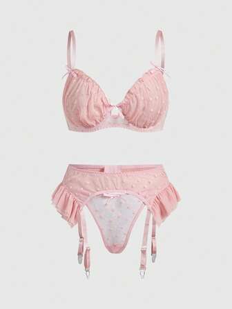 Kawaii 3 pièces Ensemble de lingerie mignon et sexy comprenant un soutien-gorge à armatures en jacquard floqué, un string et une jarretelle