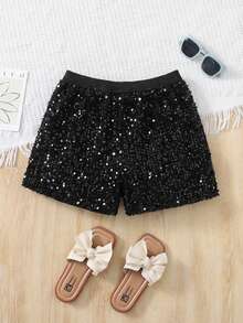 SHEIN Quần short ống rộng đính hạt dành cho bé gái tuổi teen, thích hợp mặc đi nghỉ mát. - màu đen - Xem 2
