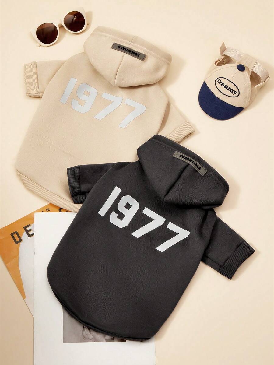 PETSIN 1件宠物猫狗帅气时尚杏色休闲1977反光印花图案舒适保暖狗狗连帽衫 - 杏色 - 查看 1