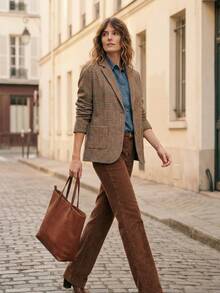 Écloséra 复古法式休闲通勤百搭宽松复古磨毛格纹翻领单排扣卡其色女士西装外套，休闲外套，商务休闲女式外套，秋冬款 - 酒紅色 - 查看 4