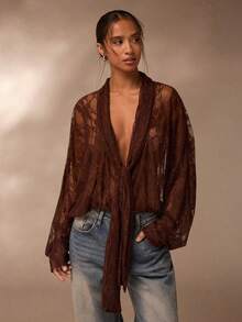 Glamine Lace Blouse, Sheer Lace Blouse, V-Neck Long Sleeve Sheer Lace Blouse - Brown - View 1