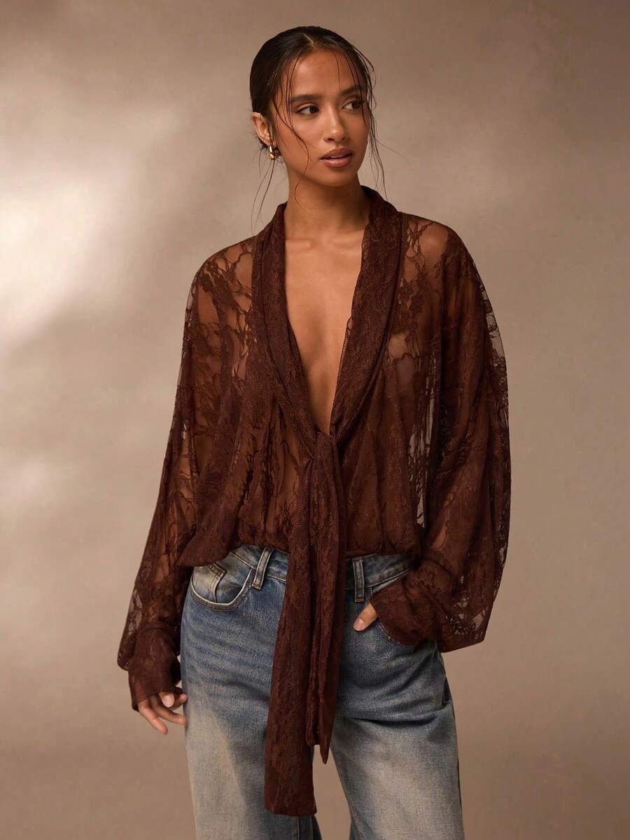 Glamine Lace Blouse, Sheer Lace Blouse, V-Neck Long Sleeve Sheer Lace Blouse - Brown - View 1