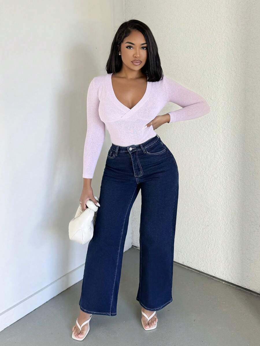 Alexandranx 女式冬季休闲保暖直筒牛仔裤 - 深色水洗藍 - 查看 1