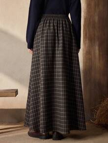 SHEIN PETITE Women's Minimalist Pleated Elastic Waist Midi Skirt, Vintage Plaid Pattern, Suitable For Office Commute, All Seasons