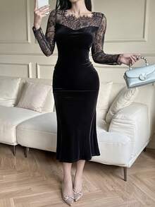 Dazy Tall Tall Women's Lace Patchwork Backless Hollow-Out Elegant Velvet Casual Long Bodycon Dress - Black - View 4