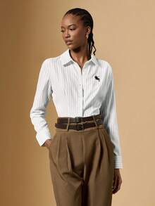 Briarwyn Camisa Casual Feminina com Cintura Marcada de Manga Longa com Botões, Adequada para Outono/Inverno, Camisa Listrada - Preto e Branco - Visão 5