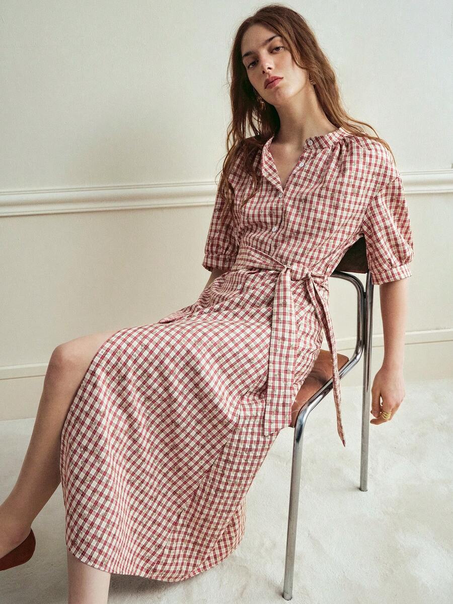 Écloséra French-Style Dress Elegant Dress Vintage Dress Stand-Collar Dress Short-Sleeve Dress Tie-Bow Dress Summer Dress Mid-Length Dress Casual Dress Spring Dress Elegant Dress Women's Casual Dress Women's Floral Dress Shirt Dress Placket Dress Checkered Dress Picnic Dress For Woman French Dresses For Women Gingham Dress Button Up Dress - Multicolor - View 1