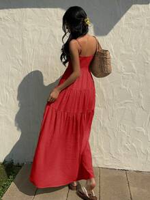 Sunnyshic Đầm hai dây xếp ly dáng rộng, chất liệu vải họa tiết đào, có dây rút, kiểu dáng phù hợp cho kỳ nghỉ. - Đỏ - Xem 2