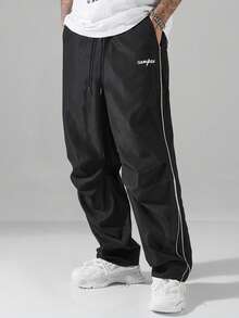 Claim Dot Quần ống đứng thường ngày cỡ lớn dành cho nam, họa tiết tiếng Anh, thiết kế dây rút bên hông, phong cách tối giản, phù hợp với mọi mùa và mặc hàng ngày, quà tặng tuyệt vời cho bạn trai/chồng, Y2K - màu đen - Xem 4