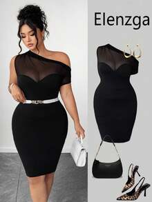 Elenzga Gaun Bodycon Seksi Wanita Ukuran Plus dengan Kerah Asimetris dan Patchwork Jala - Hitam - View 4
