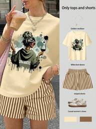 SHEIN 2pcs Women Mission Graphic Print Round Neck Short Sleeve Top And Striped Shorts Set