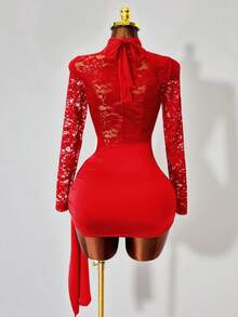 Mistrie Đầm dài tay màu trơn viền ren dành cho nữ - Đỏ - Xem 2