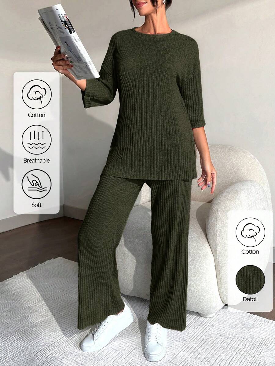 EURMUSE 100%Cotton Drop Shoulder Tee & Wide Leg Pants - Dark Green - View 1
