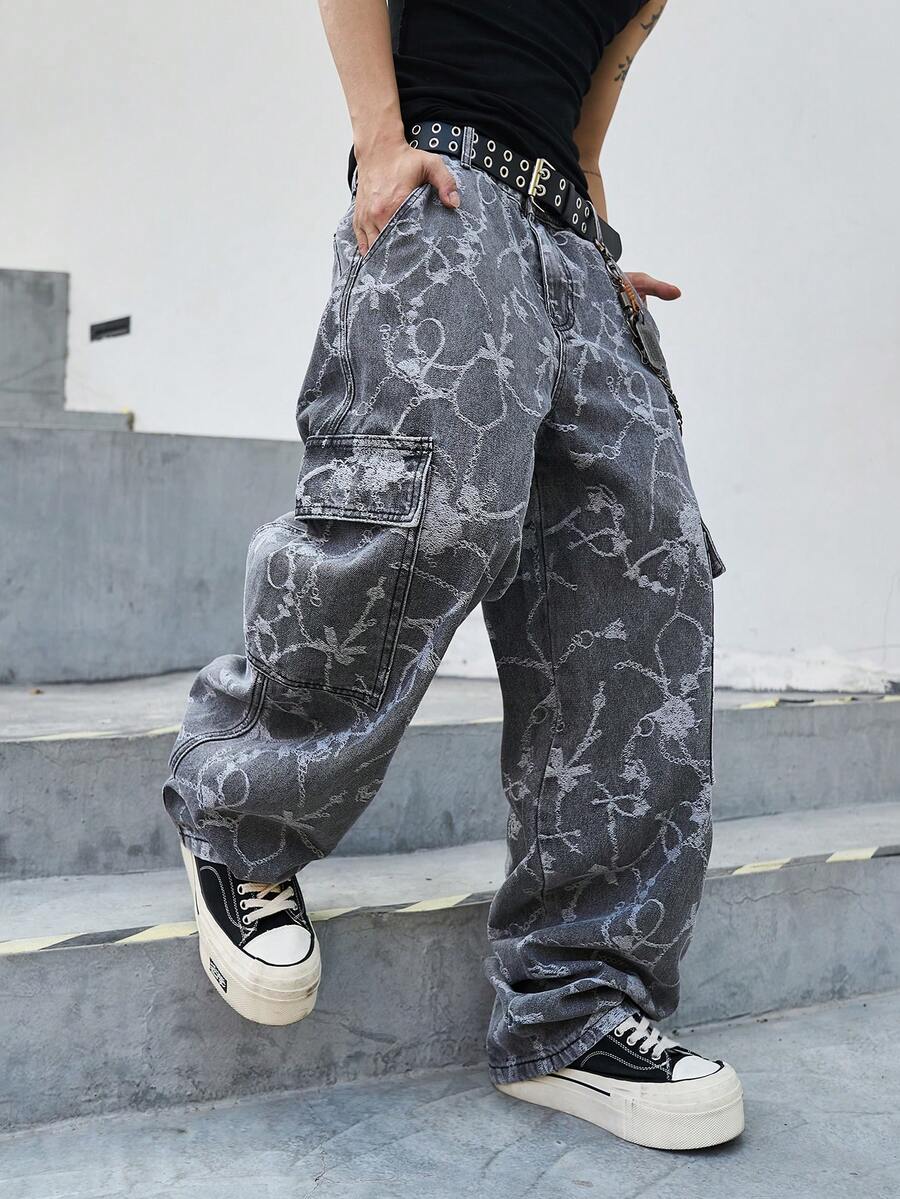 Manfinity EMRG Quần jeans nam dáng casual đường phố, bản rộng, chất liệu jacquard, có nơ và túi nắp gập, không kèm thắt lưng. - Xám - Xem 1