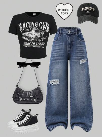 SHEIN ChillGRL Jeans de pierna ancha con efecto desgastado estilo Y2K para niña preadolescente, de mezclilla azul medio vintage, tela suave y cómoda, de moda y versátil para la escuela y el transporte, ropa de calle para primavera/otoño e invierno