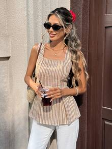 Pariaura 2026 New Arrival Women's Linen Camisole - Striped Ruched Design With Zipper, Minimalist Sling Top For Casual, Office & Vacation Wear - Multicolor - View 1