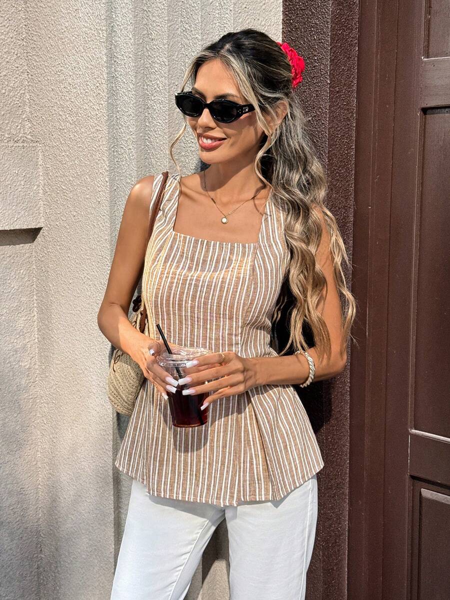 Pariaura 2026 New Arrival Women's Linen Camisole - Striped Ruched Design With Zipper, Minimalist Sling Top For Casual, Office & Vacation Wear - Multicolor - View 1