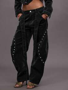 MUSERA 植绒桶形裤腿，弧形铆钉裤脚细节，中腰牛仔裤，适合秋冬季、夜间外出、街头风、可爱返校季、性感时尚、春夏穿着。 - 黑色 - 查看 2