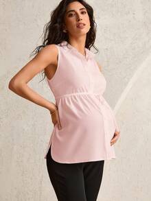 MaterniWear Maternity Casual Solid Color Front Button Lapel Tank Top, Summer - Pink - View 6