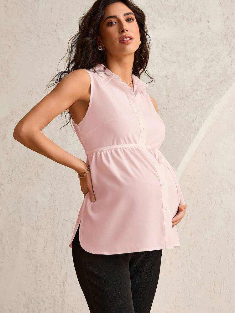 MaterniWear Top sin mangas de maternidad de unicolor con botones delanteros y solapa, para el verano - Rosa - Añade 6