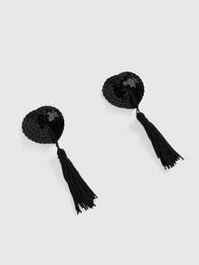 ROMWE Avant 1 Pair Fashionable Sexy Sequin Heart Tassel Nipple Covers, For Valentine's Day - Black - View 2