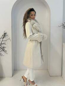RebeccaVibe Fluffy Collar Thick Warm Long Belted Knitted Coat - Beige - View 4