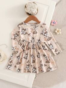 SHEIN Đầm dài tay dáng chữ A cổ tròn, eo thon, in hình thỏ vintage, chất liệu co giãn, thích hợp cho bé gái mặc hàng ngày và mặc ở nhà, mùa xuân. - Màu Khaki - Xem 3