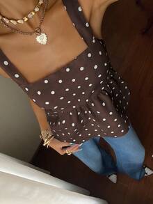 Serisse 女士波点宽肩带露背蝴蝶结方领时尚夏季吊带衫 - 咖啡棕 - 查看 5