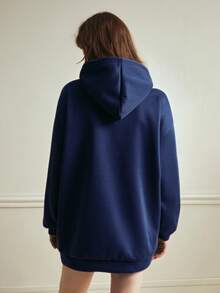 Écloséra Women's Casual Letter Embroidered Drop Shoulder Hooded Long Sweatshirt, Autumn - Blue - View 3