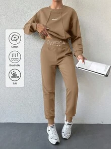 EURMUSE 两件套女士字母印花圆领长袖套头衫和高腰长裤套装 - 駝色 - 查看 1