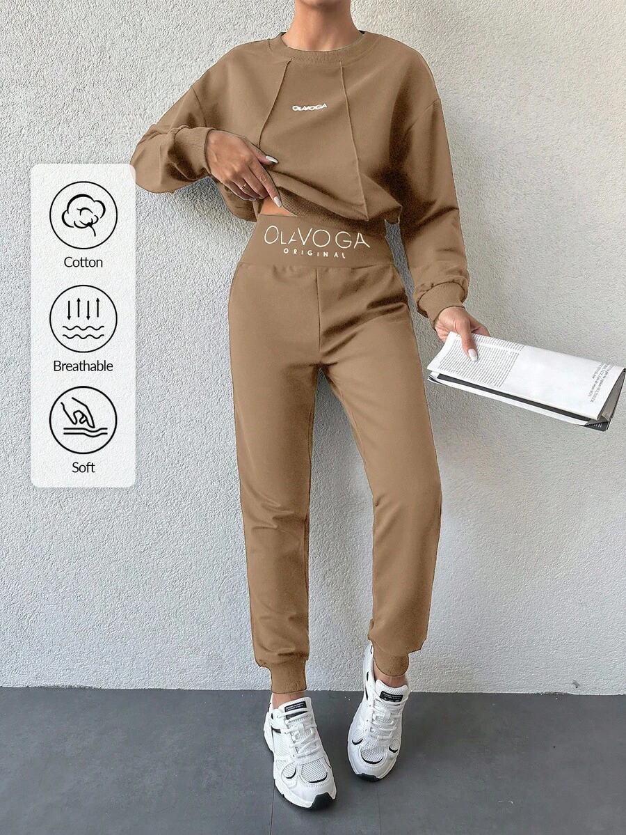 EURMUSE 两件套女士字母印花圆领长袖套头衫和高腰长裤套装 - 駝色 - 查看 1