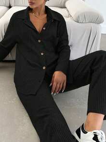 EURMUSE Cotton Solid Color Thin Ribbed Knit Casual And Comfortable Suit - Black - View 5