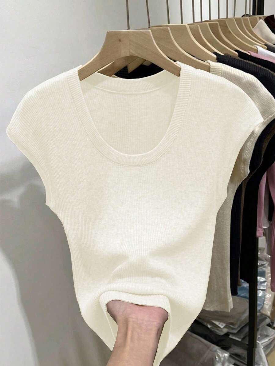 SHEIN 2025 Women's Solid Color U-Neck Cap Sleeve Knit Top, Spring/Summer New Arrival - Apricot - View 1