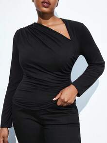 Maija 加大码黑色高领长袖修身舒适T恤，复古女款，老钱教师风格，浪漫、时尚、百搭；舒适、有型、优雅、休闲、简约日常穿搭、必备单品、纯色、假日休闲、得体、单身女士、优雅时尚商务休闲女式外出上衣 - 黑色 - 查看 6