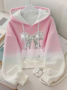 Resyla Elegant Bow Sequin Crafted Minimalist Autumn/Winter Women's Regular Hooded Long Sleeve Sweatshirt, Gift For Friends - White - View 4