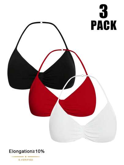 Easithlete 3 piezas Sujetadores deportivos casuales y cómodos de unicolor con cuello de halter y fruncidos para mujeres