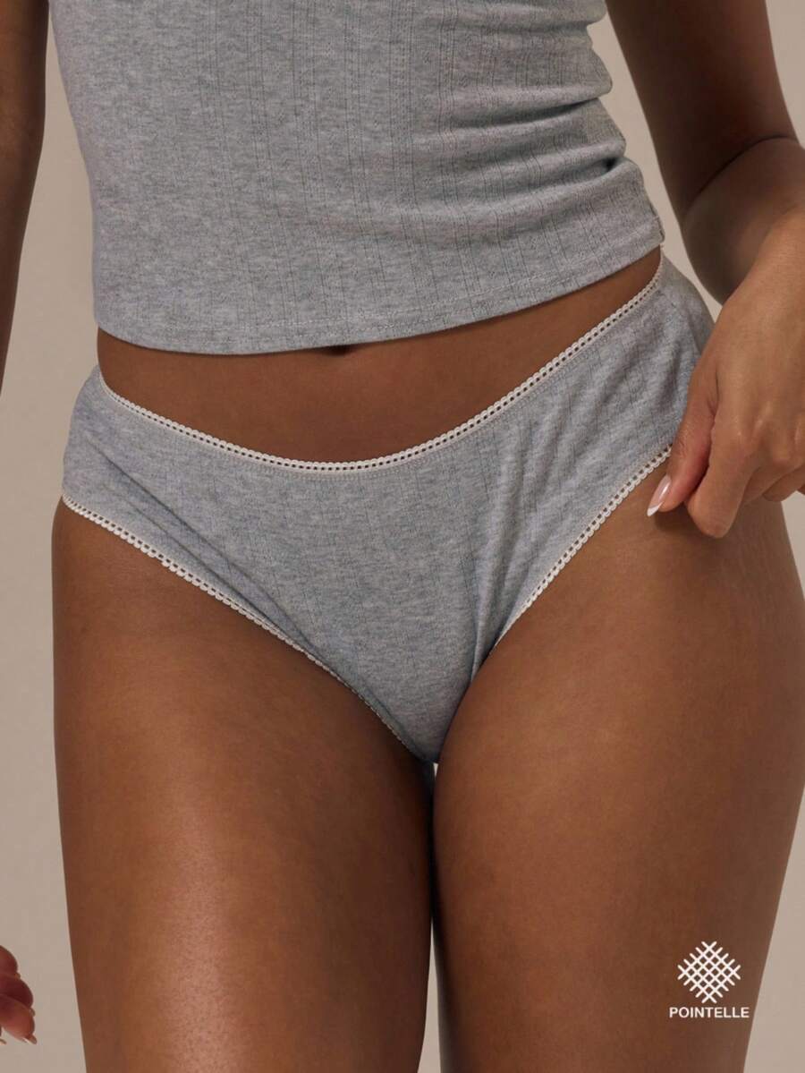 MUSERA ESSENTIALS Pointelle Picot Trim Ruched Full Brief Fall Autumn Winter  Cosy Lounge Underwear Lingerie Everyday Basics Essential - Light Grey - View 1