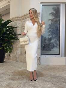 Cioccolato Women Sexy Elegant White V-Neck Off Shoulder Long Sleeve Fitted Sweater Dress, Suitable For Daily Wear, Office, Date, Casual, Party, Thanksgiving, Christmas White Midi Dress White Long Sleeve Dress White Bodycon Dress Ribbed Midi Dress In Fall/Winter - White - View 6