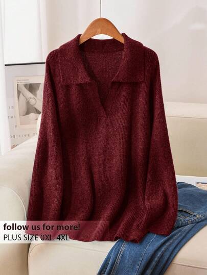 CosyJoli Plus Size Solid Color Casual Pullover Sweater, Autumn/Winter Dark Red Tops